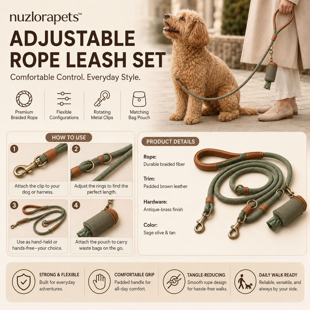 Nuzlorapets™ TerraWeave Adjustable Rope Leash Set