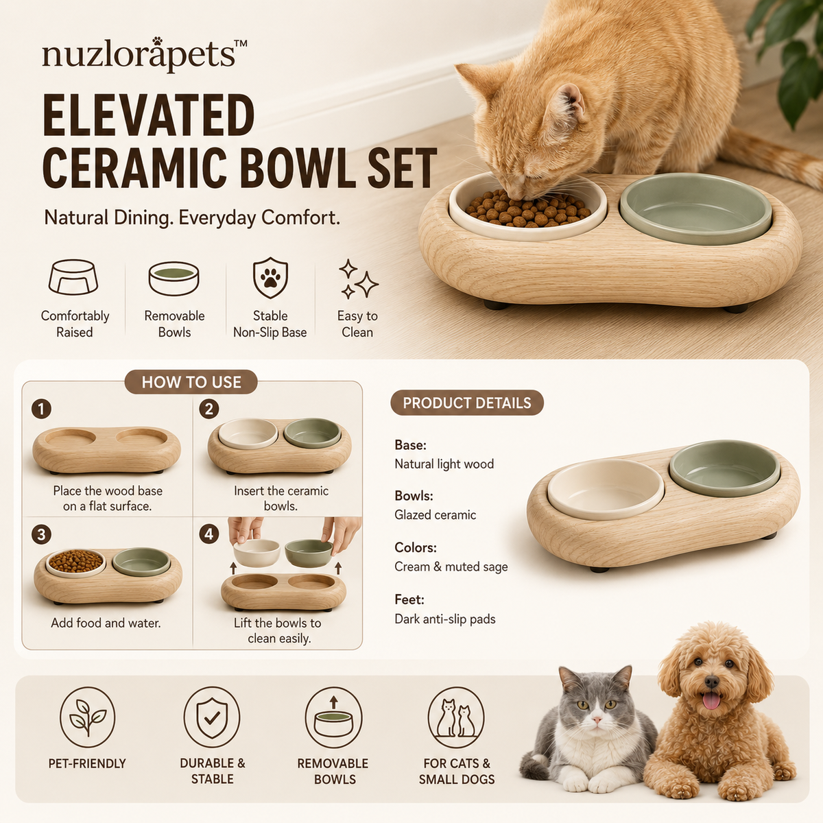 Nuzlorapets™ PebbleDine Elevated Ceramic Bowl Set