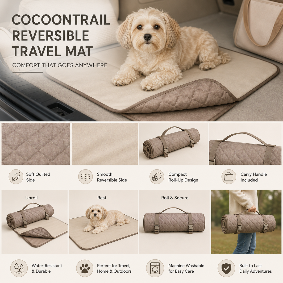Nuzlorapets™ CocoonTrail Reversible Pet Travel Mat